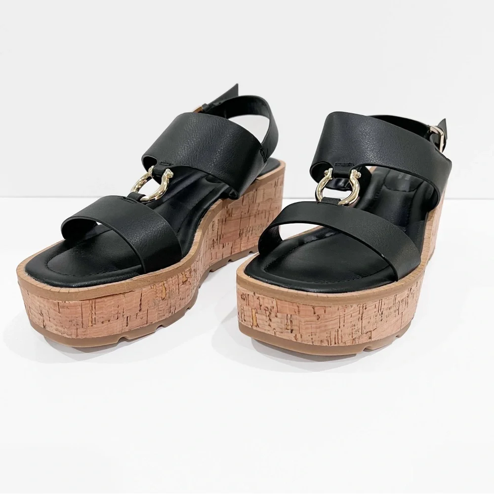 Giani Bernini Harperr Cork Platform Wedge Sandals Ankle Strap Black 6.5 NEW
